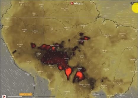 satellite view of amazon forest fire