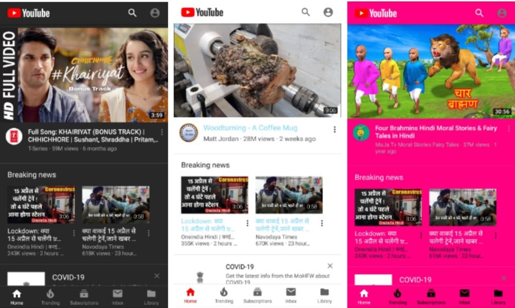 YouTube in 3 colors - dark, blue, pink, youtube video without ads